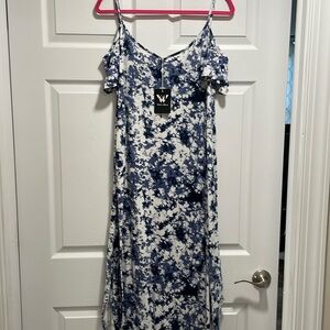 Navy & White Off the Shoulder Maxi Dress with Double Slit